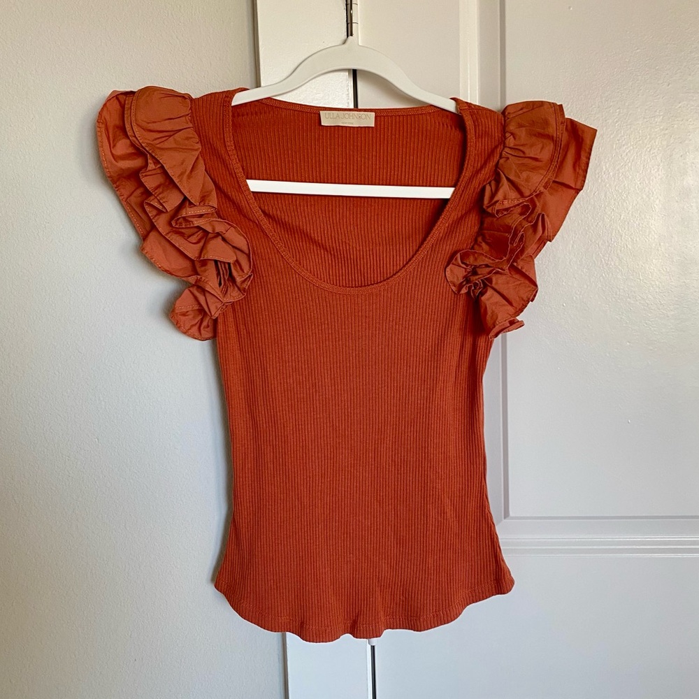 Ulla Johnson Scoop Neck Ribbed Jersey Poplin Trim Flutter Sleeve Slim Bodice Top